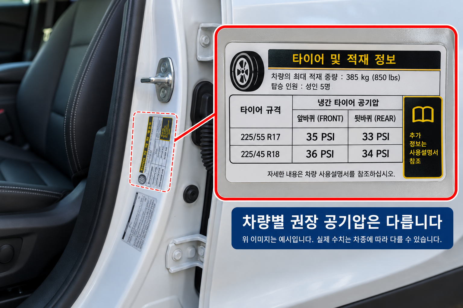운전석 문틀 타이어 공기압 권장 수치 스티커 위치 및 읽는 방법 예시